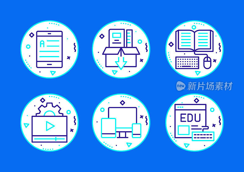 E-Learning, Online Education and Distance Education相关线图标。向量符号说明。